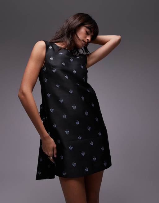 & Other Stories - Robe courte à broderies papillons avec dos échancré à détail nœud - Noir, 2 de 4