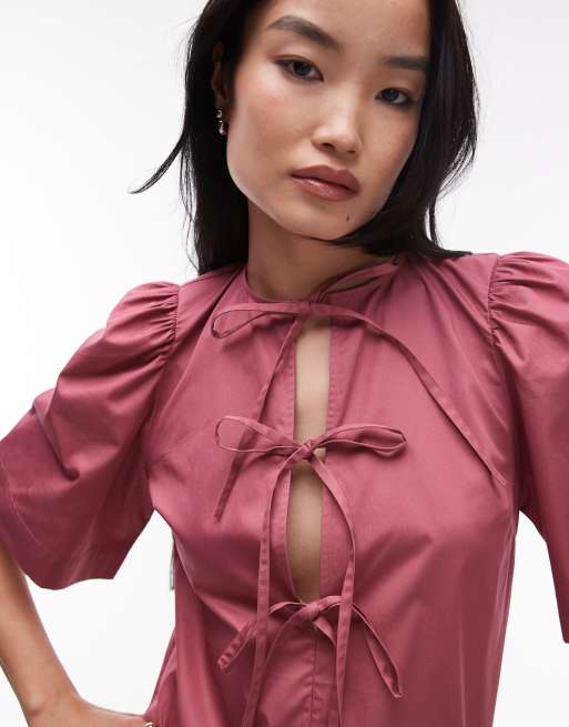 & Other Stories - Robe courte à liens noués et taille tombante - Rouge framboise, 3 de 4
