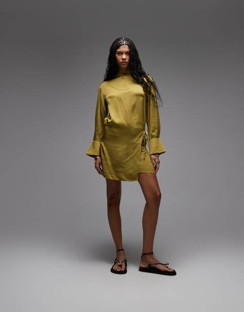 & Other Stories - Robe courte à manches longues et jupe portefeuille asymétrique - Vert olive - view 1