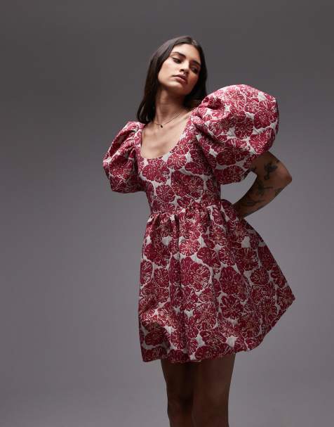 & Other Stories - Robe courte en brocart avec manches bouffantes oversize et dos échancré - Fleurs roses - view 1