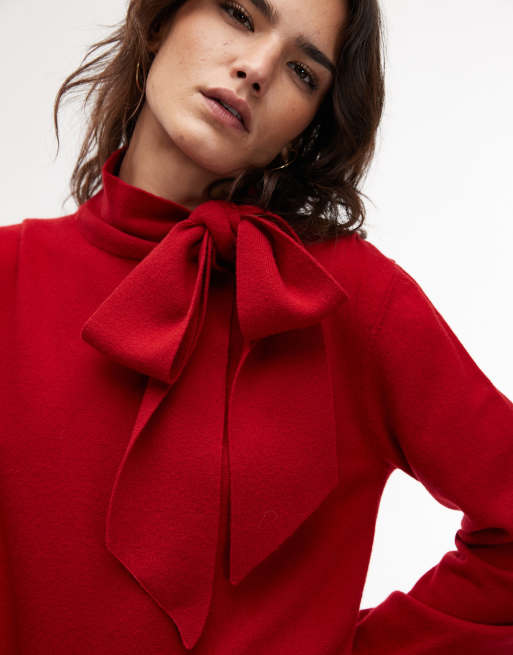 & Other Stories - Robe courte en laine avec écharpe nouée - Rouge foncé, 2 de 4