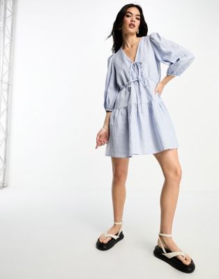 & Other Stories linen tie detail mini dress in blue - ASOS Price Checker