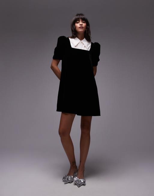 & Other Stories - Robe courte en velours avec col et manches bouffantes - Noir - view 1
