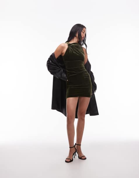 & Other Stories - Robe courte en velours avec encolure asymétrique et froncée - Vert - view 1