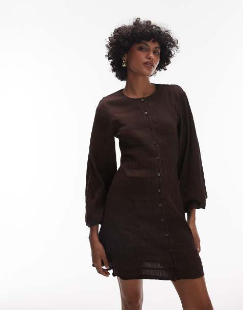 & Other Stories - Robe courte froncée à manches volumineuses - Marron - view 1