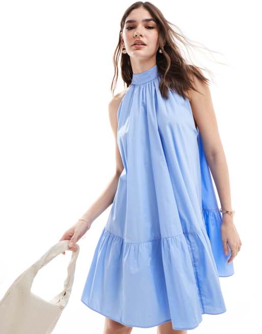 & Other Stories - Robe courte sans manches à ourlet volanté avec ruban au dos - Bleu