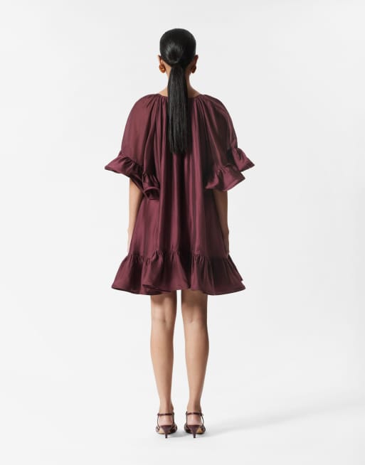 & Other Stories - Robe courte semi-transparente avec manches à volants et liens à l'encolure - Bordeaux, 4 de 4