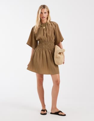 Robe en coton et nylon avec taille froncée - Beige-Noir 32