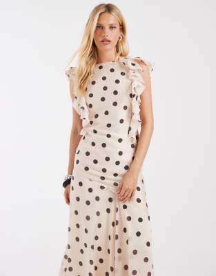Robe longue à pois avec bords volantés et dos échancré - Neutre-Neutral 40
