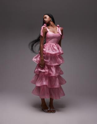 & Other Stories - Robe longue avec détail corset devant et volants - Rose