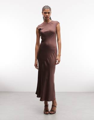 Robe longue coupée en biais en satin avec mancherons - Marron foncé-Brown 44