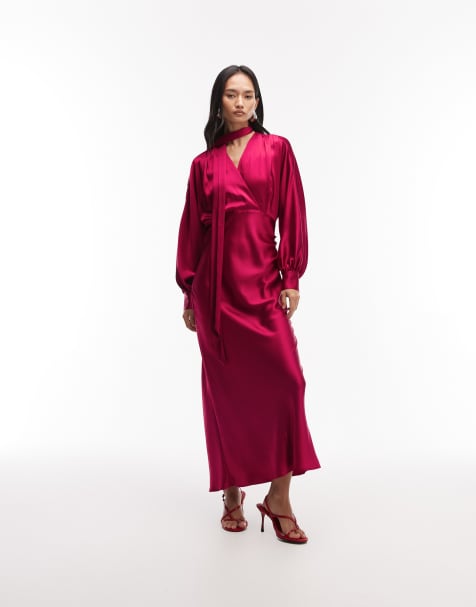 & Other Stories - Robe longue en satin à manches volumineuses et foulard amovible - Framboise - view 1