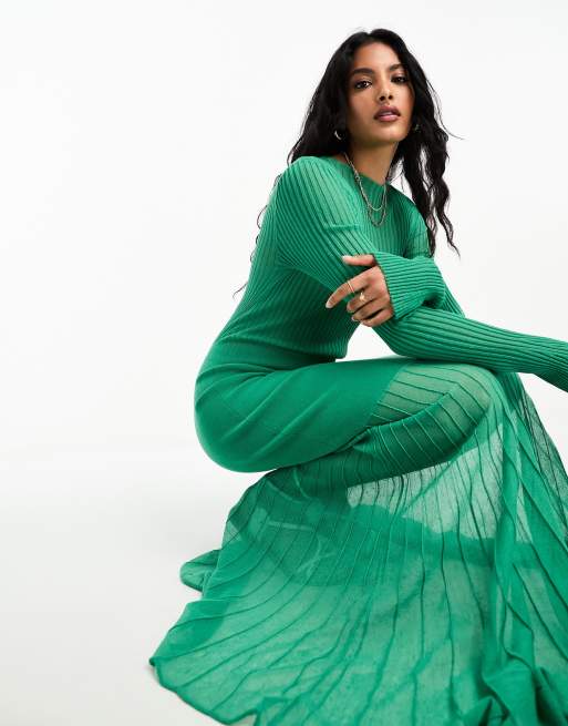 Robe longue best sale verte plissée