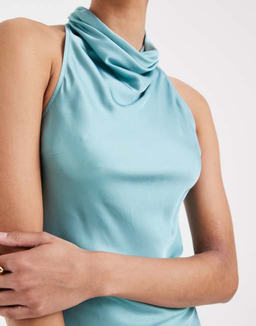 & Other Stories - Robe longue satinée sans manches à col montant - Bleu turquoise clair, 3 de 4