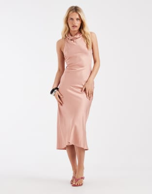 Robe longue satinée sans manches à col montant - Pêche-Orange 34
