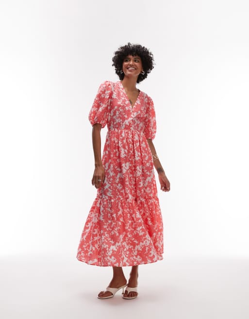 & Other Stories - Robe longue volumineuse de qualité supérieure à volants étagés et imprimé marbré - Rose