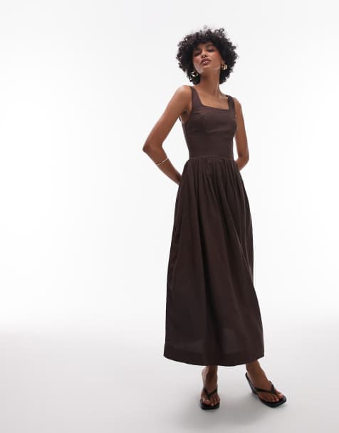 & Other Stories - Robe longueur mollet à corsage ajusté et ourlet volumineux - Marron - view 1