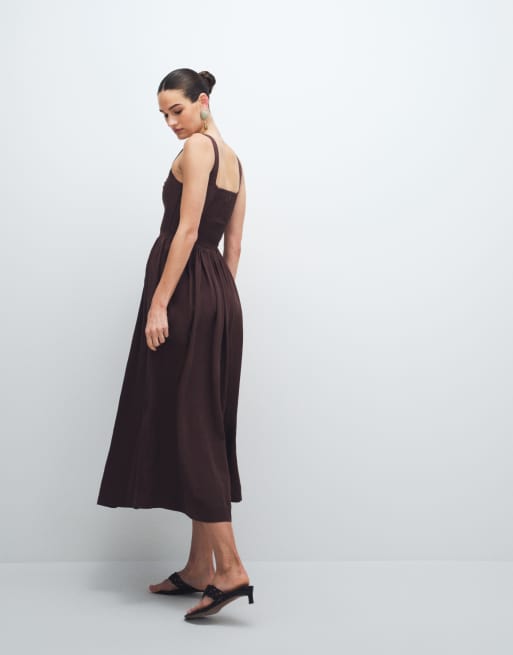 & Other Stories - Robe longueur mollet à corsage ajusté et ourlet volumineux - Marron, 2 de 7
