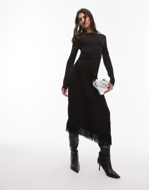 & Other Stories - Robe longueur mollet à franges avec ourlet asymétrique - Noir - view 1