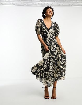& Other Stories midaxi dress in black oversize floral - ASOS Price Checker
