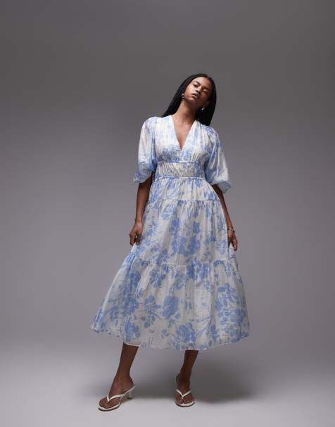 & Other Stories - Robe longueur mollet à manches bouffantes et corsage froncé - Imprimé fleurs bleues - view 1