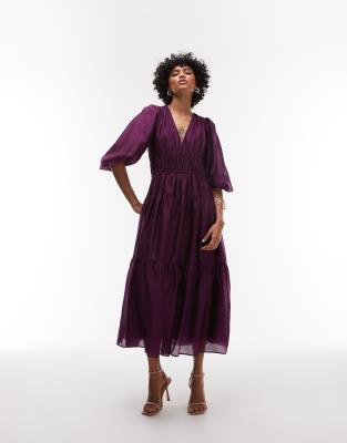 Robe longueur mollet à manches volumineuses et corsage froncé - Bordeaux baie-Violet XS