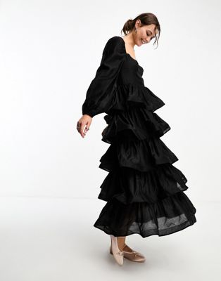 & Other Stories midaxi dress with asymetric ruffles in black - ASOS Price Checker