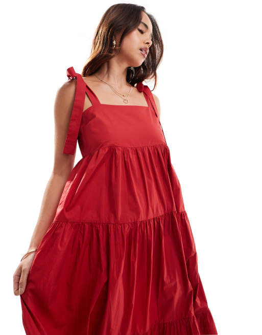 & Other Stories - Robe longueur mollet avec ourlet étagé et bretelles nouées - Rouge , 3 de 4