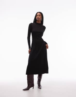 Robe longueur mollet en fine maille de pure laine 2-en-1 - Noir M