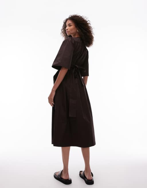 & Other Stories - Robe longueur mollet en popeline coupe cache-cœur et manches bouffantes - Marron, 3 de 4