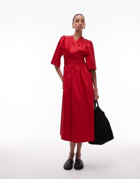 & Other Stories - Robe longueur mollet en popeline coupe cache-cœur et manches bouffantes - Rouge - view 1