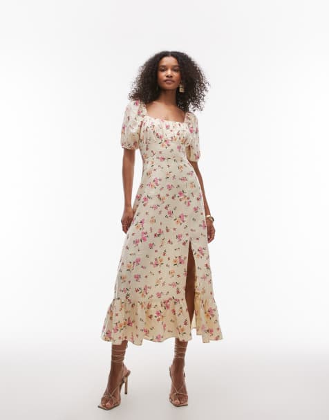 & Other Stories - Robe longueur mollet fendue à fleurs en lin avec manches bouffantes - view 1