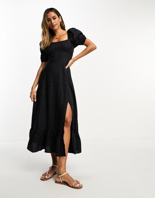 Other Stories Robe longueur mollet fendue en lin manches bouffantes Noir