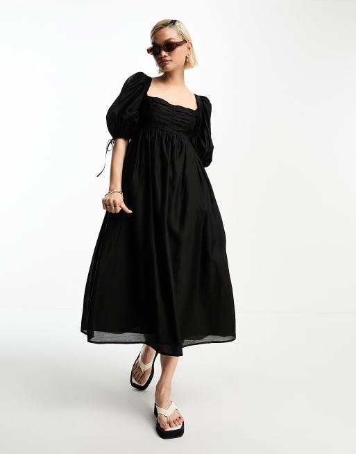& Other Stories - Robe mi-longue à buste froncé avec manches volumineuses - Noir