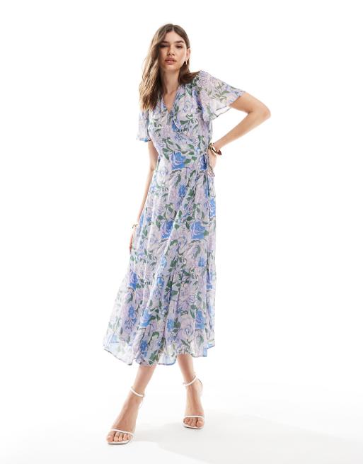 & Other Stories - Robe mi-longue à manches évasées avec ourlet à volants - Bleu clair à fleurs