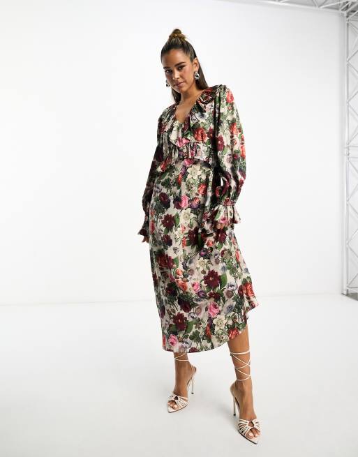 & Other Stories - Robe mi-longue à volants avec col en V et imprimé fleurs vintage