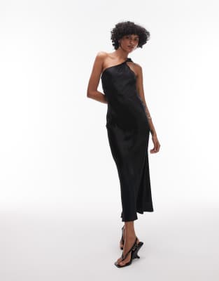 & Other Stories - Robe mi-longue asymétrique en satin avec bretelle torsadée - Noir - view 1