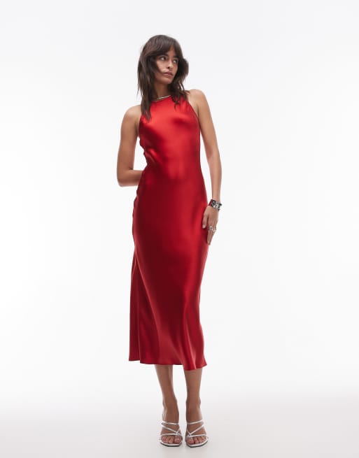 & Other Stories - Robe mi-longue coupée en biais en satin - Rouge foncé, 4 de 4