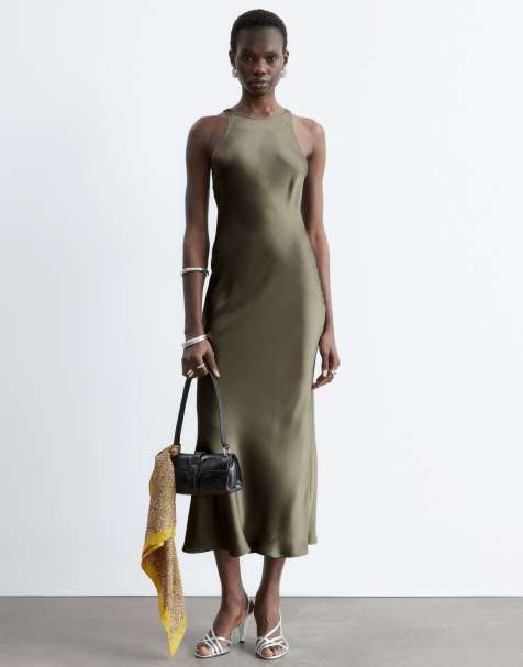 & Other Stories - Robe mi-longue coupée en biais en satin - Vert kaki - view 1