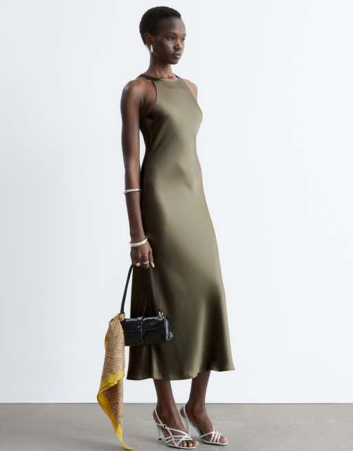 & Other Stories - Robe mi-longue coupée en biais en satin - Vert kaki, 4 de 4