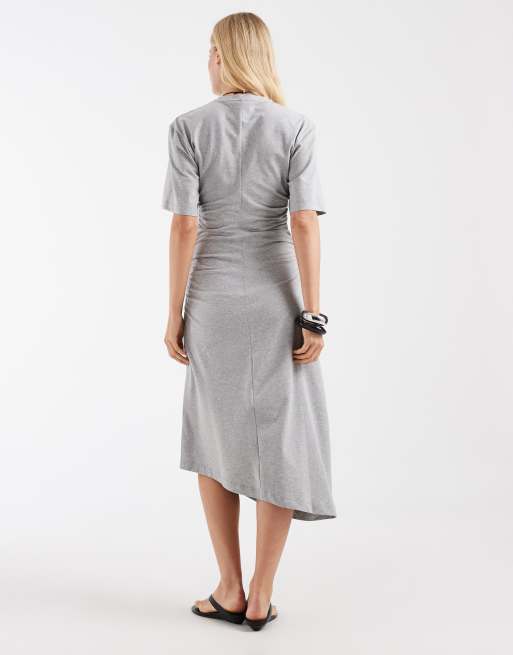& Other Stories - Robe mi-longue en jersey froncée à ourlet asymétrique - Gris chiné, 2 de 4
