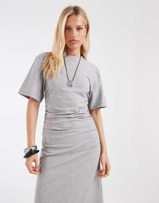 & Other Stories - Robe mi-longue en jersey froncée à ourlet asymétrique - Gris chiné, 3 de 4