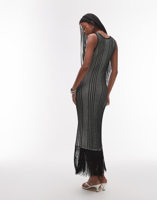 & Other Stories - Robe mi-longue en maille avec ourlet à franges - Noir rayé , 4 de 4