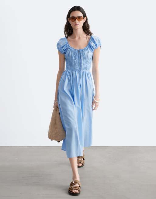 & Other Stories - Robe mi-longue en pur coton à manches courtes et encolure dégagée - Bleu, 4 de 4