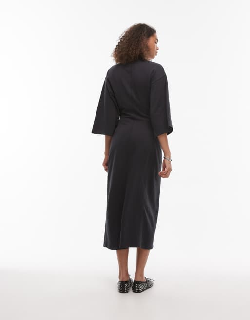 & Other Stories - Robe mi-longue fendue sur le devant à manches larges en jersey - Noir , 3 de 4