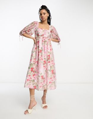 & Other Stories gathered volume midi dress in pink - ASOS Price Checker