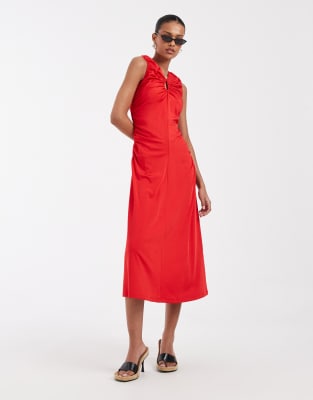 Robe mi-longue froncée sans manches avec fente goutte d'eau - Rouge L