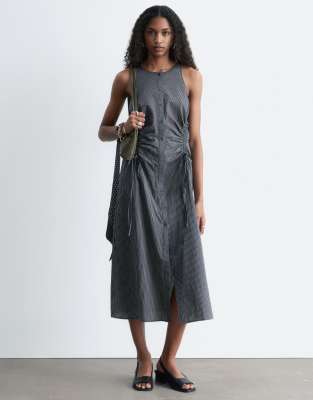 Robe mi-longue froncée sur les côtés en coton - Bleu foncé-Bleu marine 32