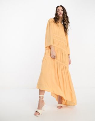 & Other Stories pleated chiffon midaxi dress in orange - ASOS Price Checker