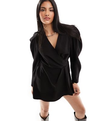 & Other Stories long sleeve wrap mini dress with extended shoulders in black - ASOS Price Checker